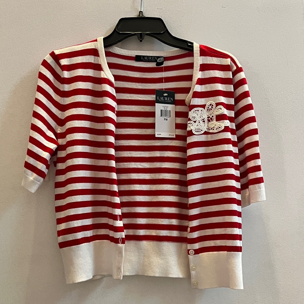 Ralph Lauren Red and White Striped Kids Cardigan